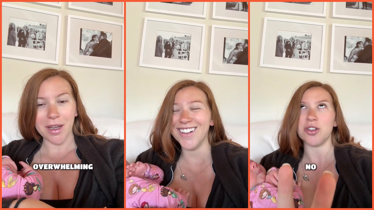 Split images of a woman holding a baby explaining an encounter with a 17yo cashier.