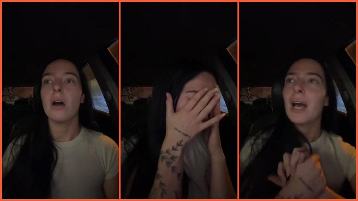 Split images of a woman recounting a trolley theft by a stranger.