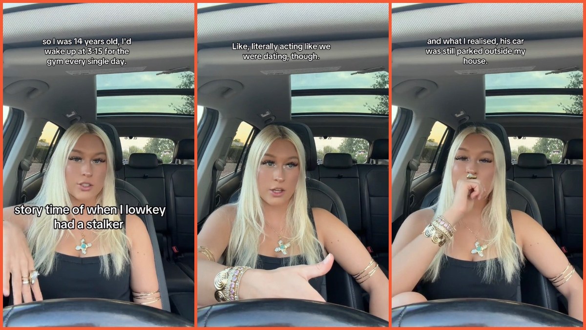 Split side images of a blonde woman in a black tank top sitting in her car recounting when she had a stalker and had to stop going to the gym.