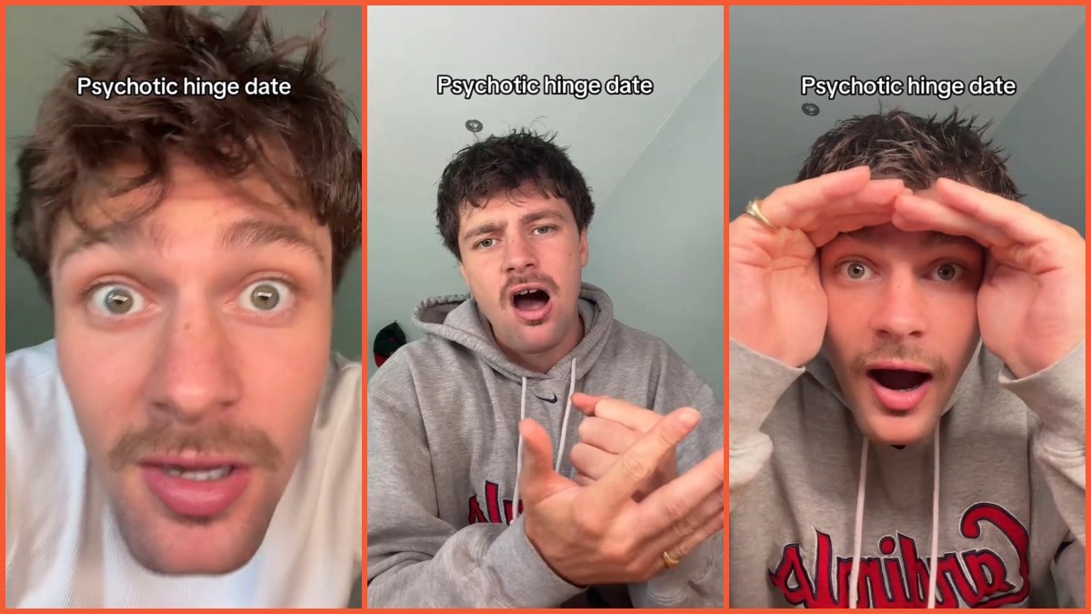 Split side images of a man acting shocked; punching his palm, and imitating a creepy peek with his hands above his eyes, while recounting a Psychotic Hinge First Date story.