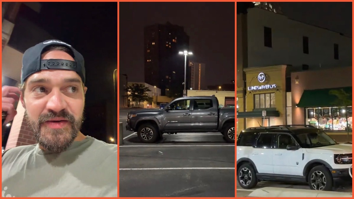 Split side images of a man wearing a hat, a parked truck, and a grocery store.