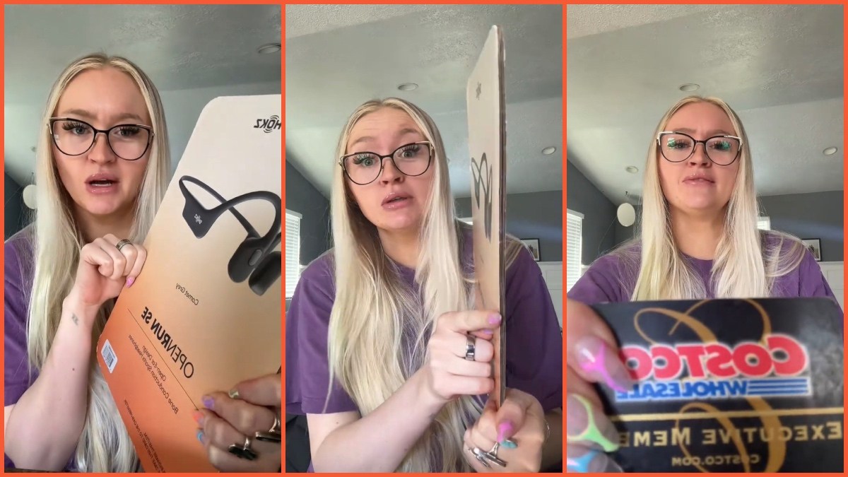 Split side images of a woman in a purple t-shirt and glasses holding out a Shokz OpenRun SE headphones display board and Costco Executive Member card.