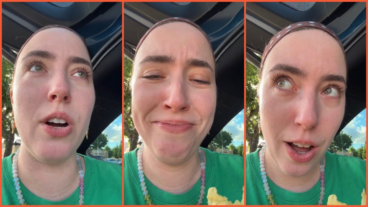 Split side images of a woman in green t-shirt eating chips while recounting her experience as a grocery store cashier.