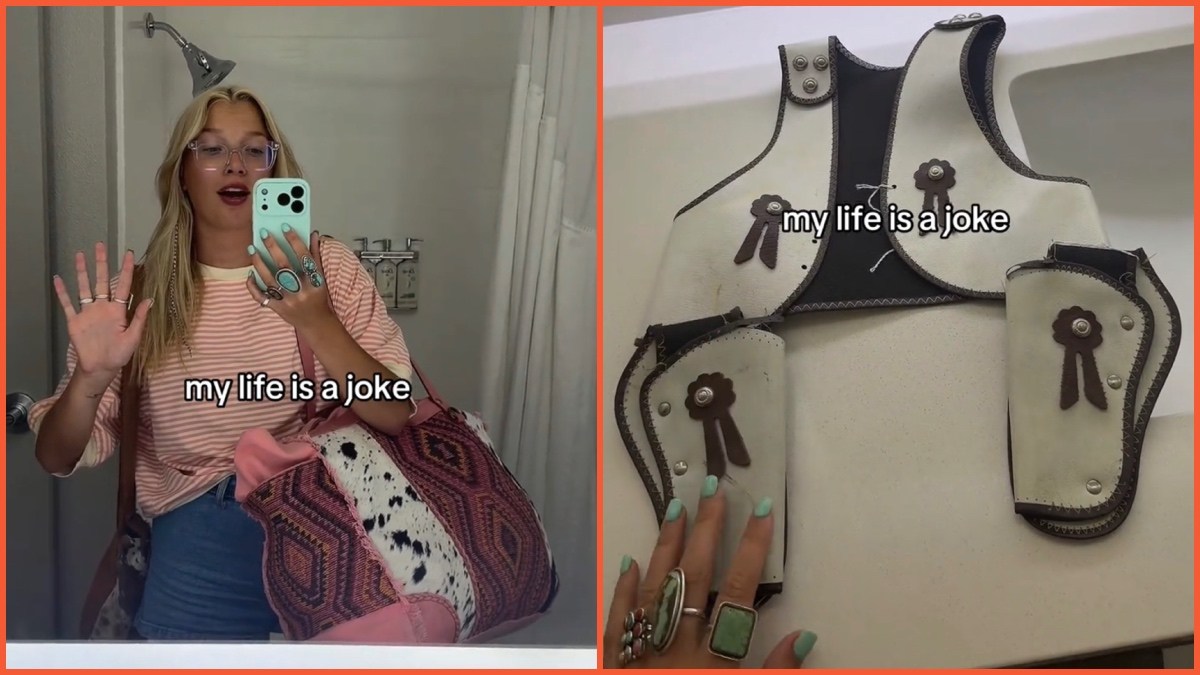 Split side images of a woman recording herself in the mirror and a kids cowboy costume.