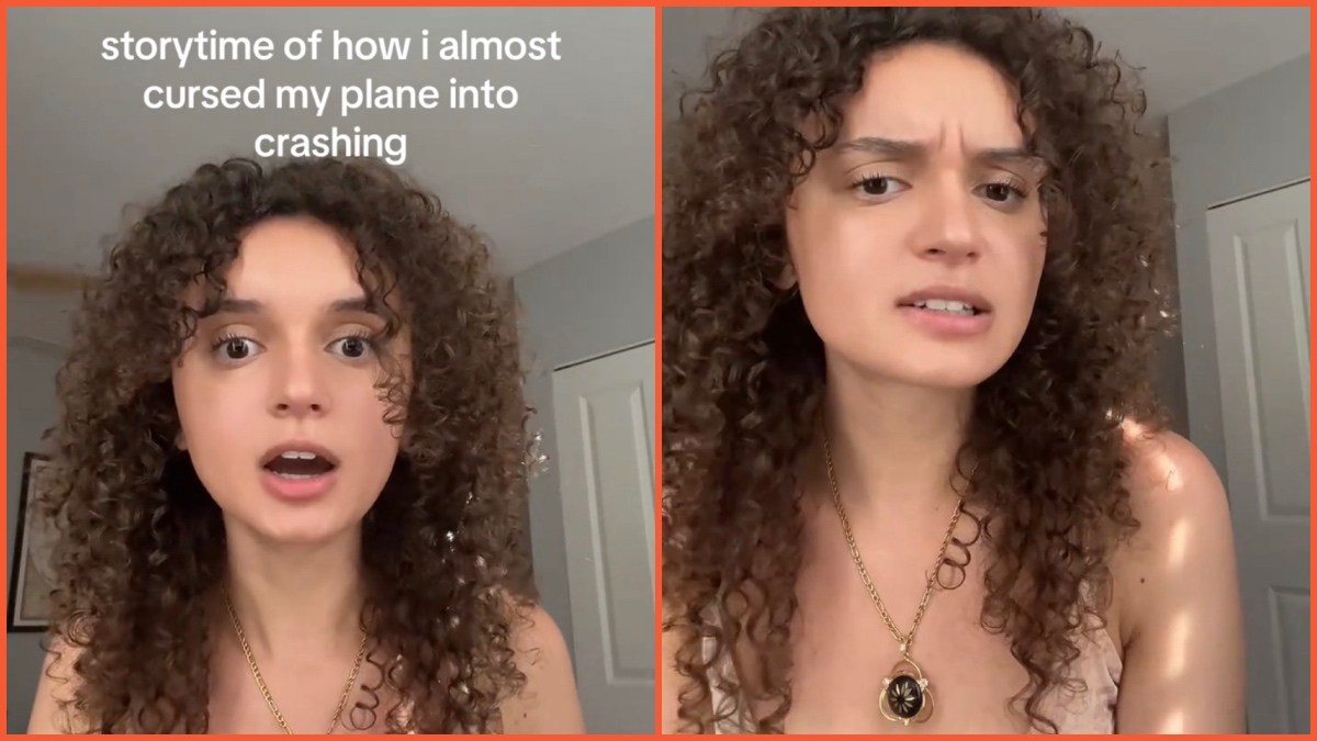 Split side images of a woman surprised and frowning while telling her recent scary plane experience.