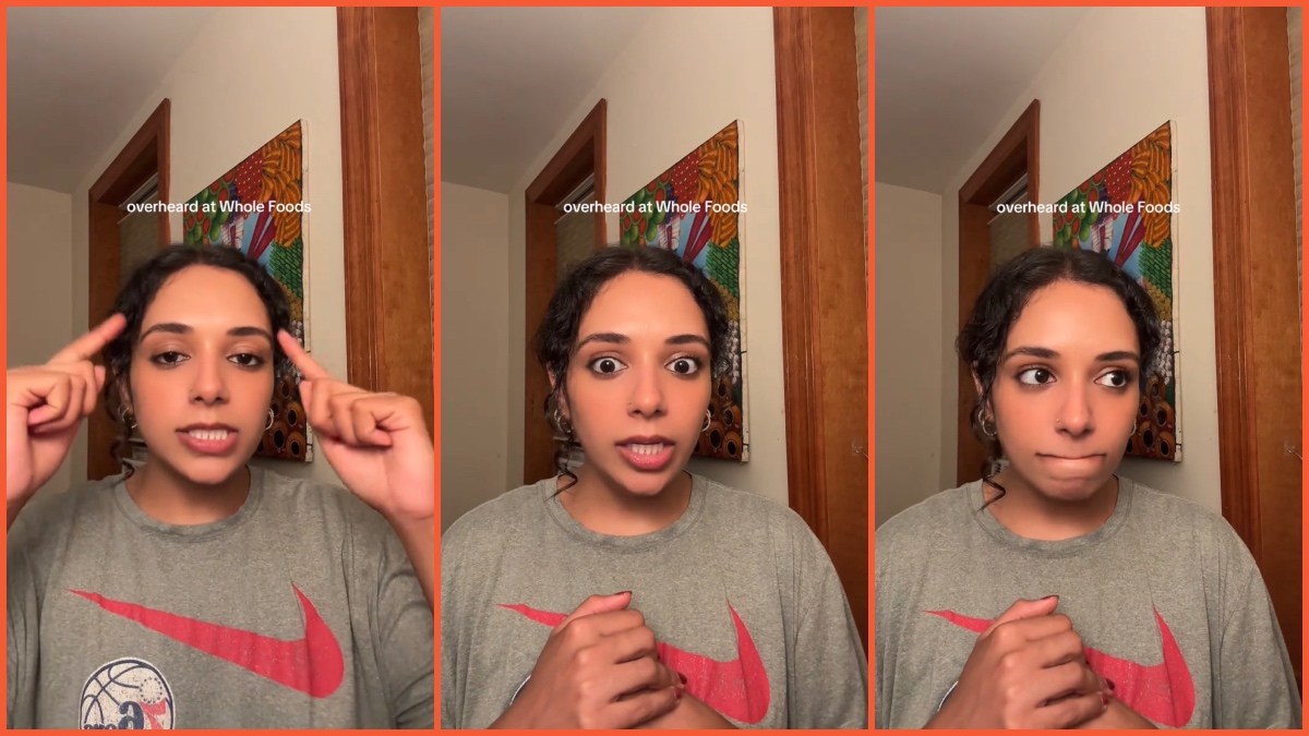 Split side images of a woman wearing a Nike t-shirt recounting conversation between two skinny girls that she ‘overheard at Whole Foods’ in NYC