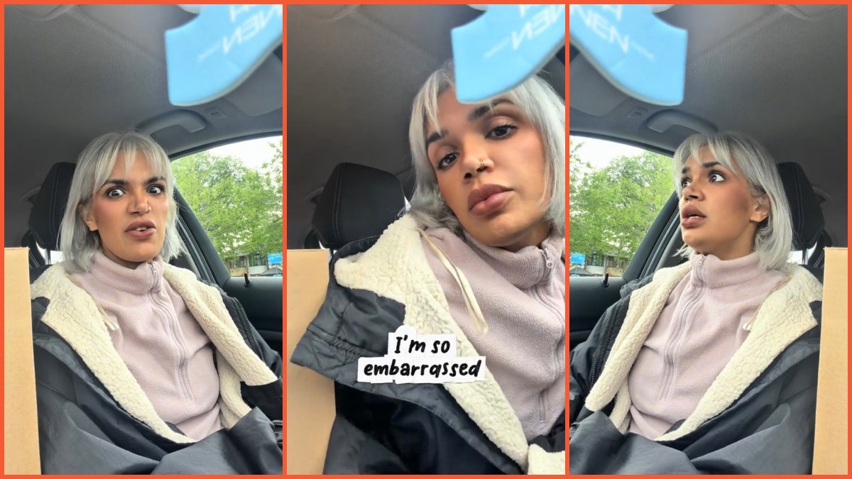 Split side images of a woman with white hair sitting in a car telling an embarrassing story of losing her phone at Aldi.