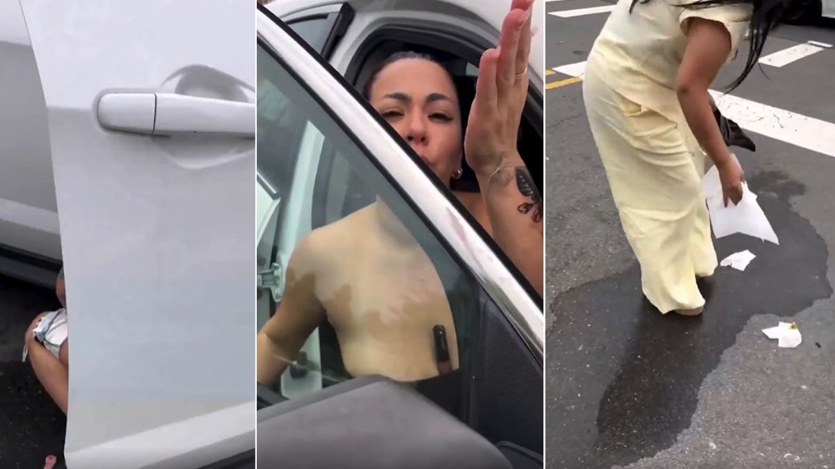 She gets caught openly relieving herself beside her car in a children's playing area. Then she tries to grab the camera with unwashed hands