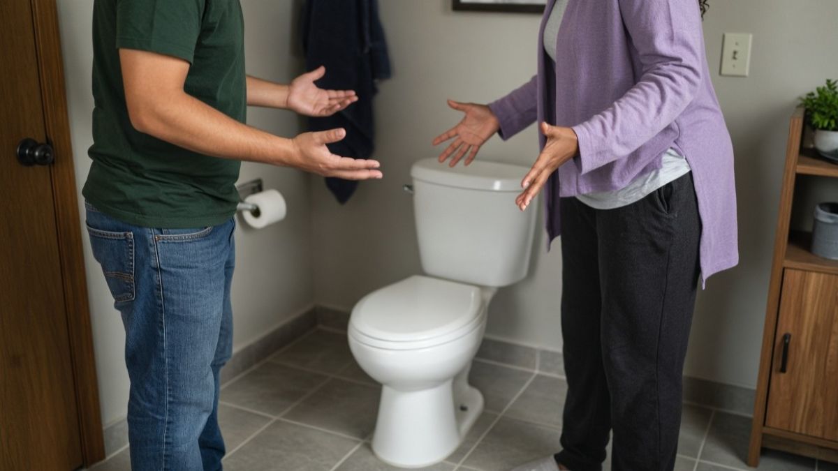 A man and a woman arguing over a toilet