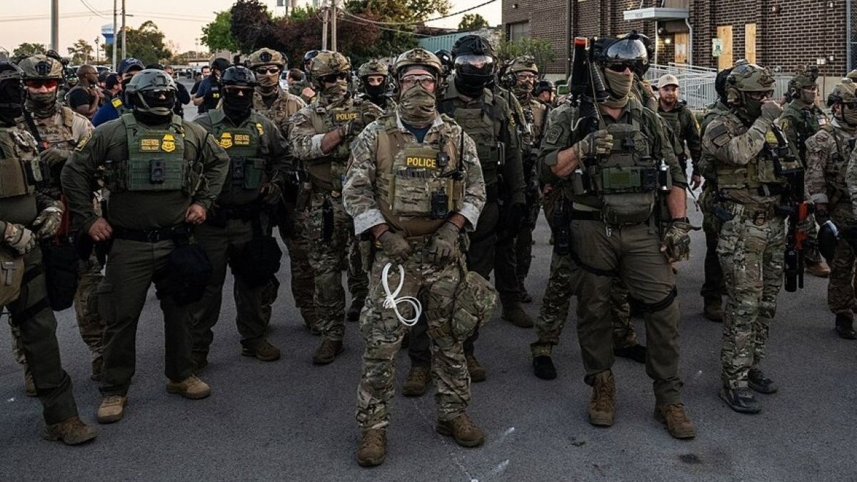 CBP and ICE officers in front of the Broadview ICE Facility in Broadview, Illinois in 2025.