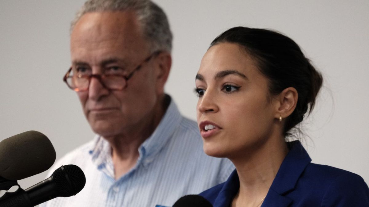 Rep. Alexandria Ocasio-Cortez (D-NY), Senate Majority Leader Chuck Schumer (D-NY) and Rep. Jerry Nadler (D-NY), hold a press conference on the Child Tax Credit (CTC) on July 08, 2021 in New York City. As part of the American Rescue Plan, Congress expanded the CTC in March so that families could get more relief and get it sooner. The first advanced checks will be sent to families next week on Thursday, July 15 and will be $250-300 per child. Families will receive these checks every month for the rest of 2021. (Photo by Spencer Platt/Getty Images)