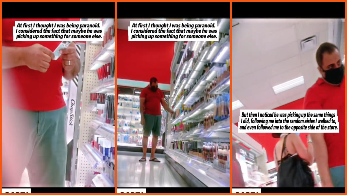 ‘Creep’ in red follows woman through Target for 35 mins. She spots him wearing a mask and picking up the exact same items as her