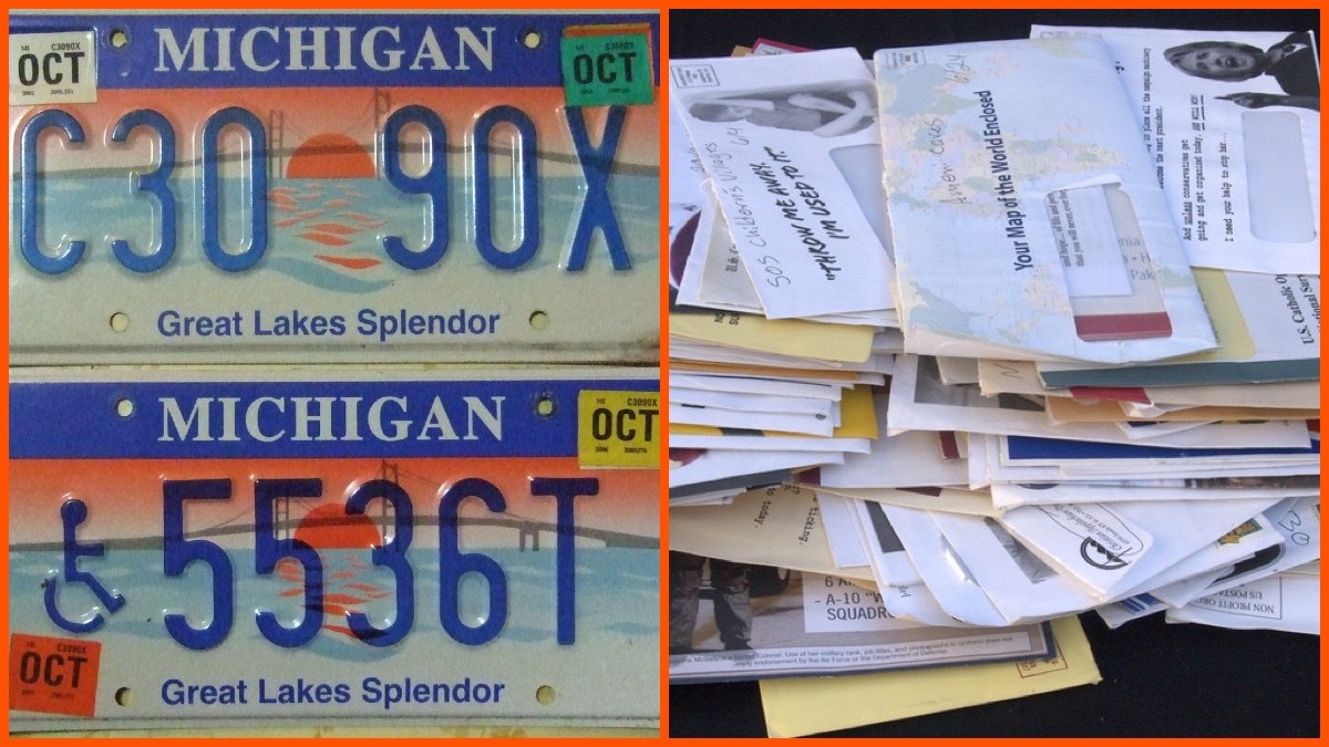 Michigan license plate, junk mail, Image by woody1778a, CC BY-SA 2.0, Image by Judith E. Bell, CC BY-SA 2.0.