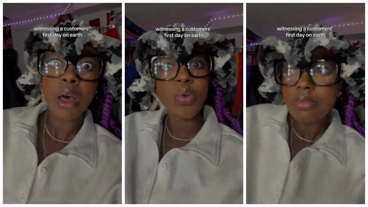 Split side images of Black woman wearing white shirt and knitted cap recounting ‘witnessing a customer’s first day on Earth’