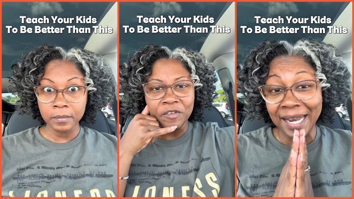 Split side images of a Black lady wearing gray t-shirt and glasses, with on-screen text saying ‘Teach your kids to be better than this’ and recounting a Walmart encounter with teenagers.