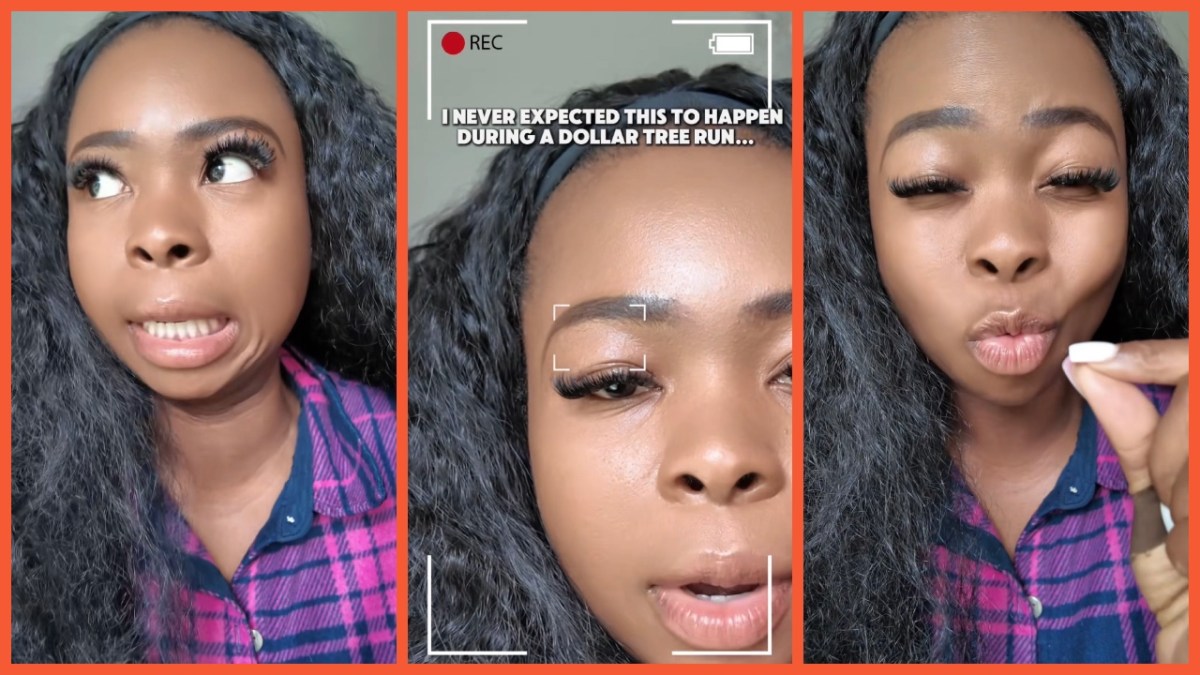 Split side images of a Black woman wearing a pink and blue flannel shirt narrating the story of a stranger with a shovel at Dollar Tree.