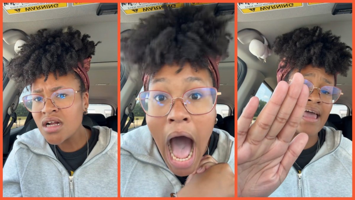 Split side images of a Black woman wearing glasses and a gray hoodie sitting in her car telling a Best Buy encounter with a misogynist employee.