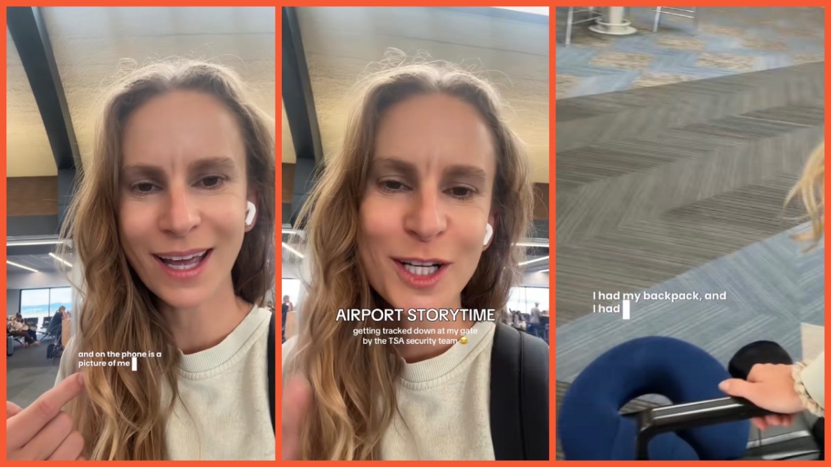 Split side images of a woman in a cream-colored sweatshirt at the airport telling how she got escorted back to security checking by TSA because of her neck pillow.
