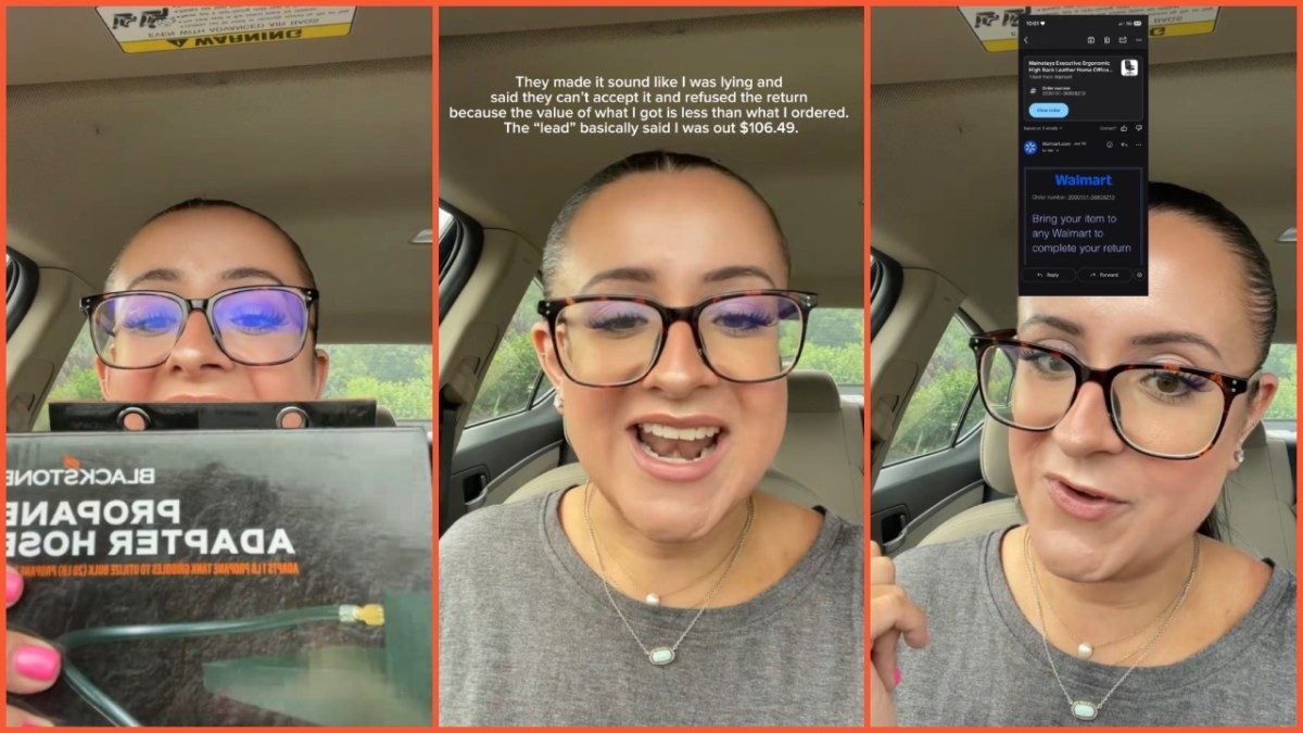 Split side images of a woman in gray t-shirt wearing glasses sitting in her car and narrating a Walmart order swap incident.