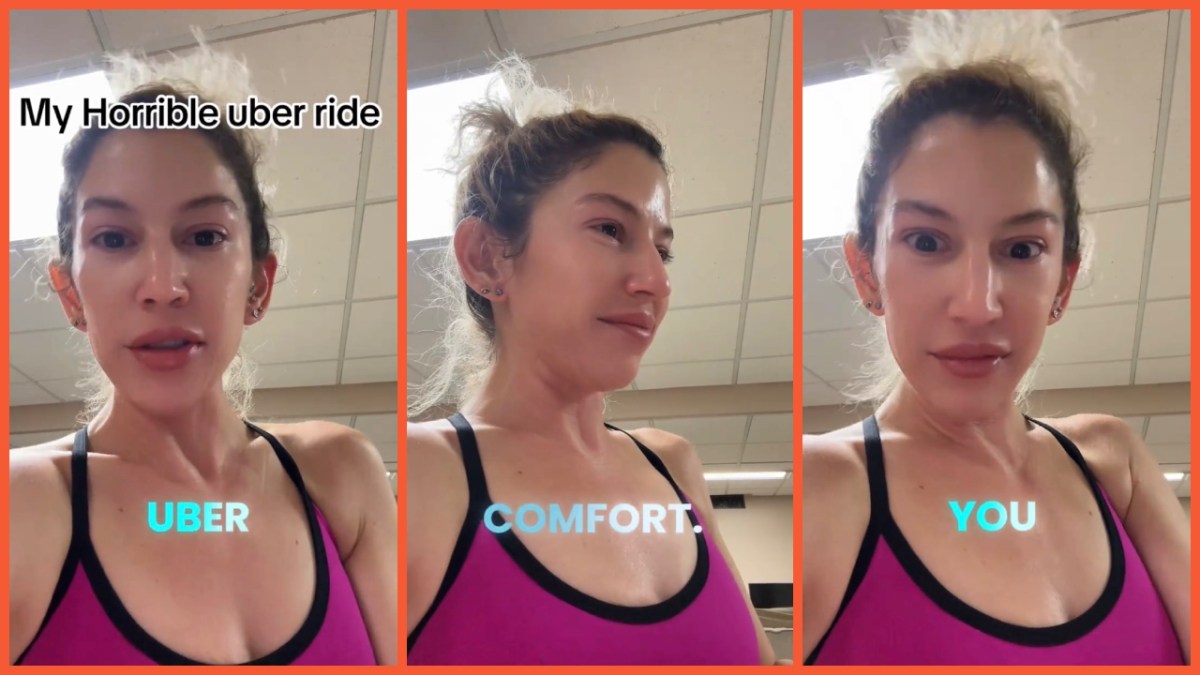 Split side images of a woman in gym wear, her hair up in a bun, talking about her ‘Horrible Uber Ride’ after utilizing the Quiet Preference option in Uber Comfort.