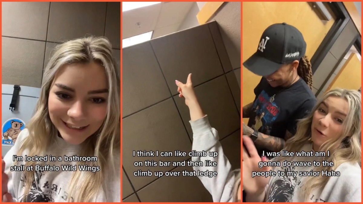 Split side images of a woman stuck inside a Buffalo Wild Wings bathroom, her pointing towards a ledge, and her with another woman