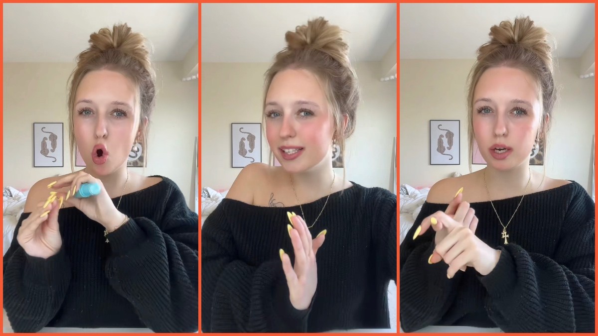Split side images of a woman wearing a black sweater and doing her makeup while narrating how she got pranked by 4 missed calls and a voicemail.