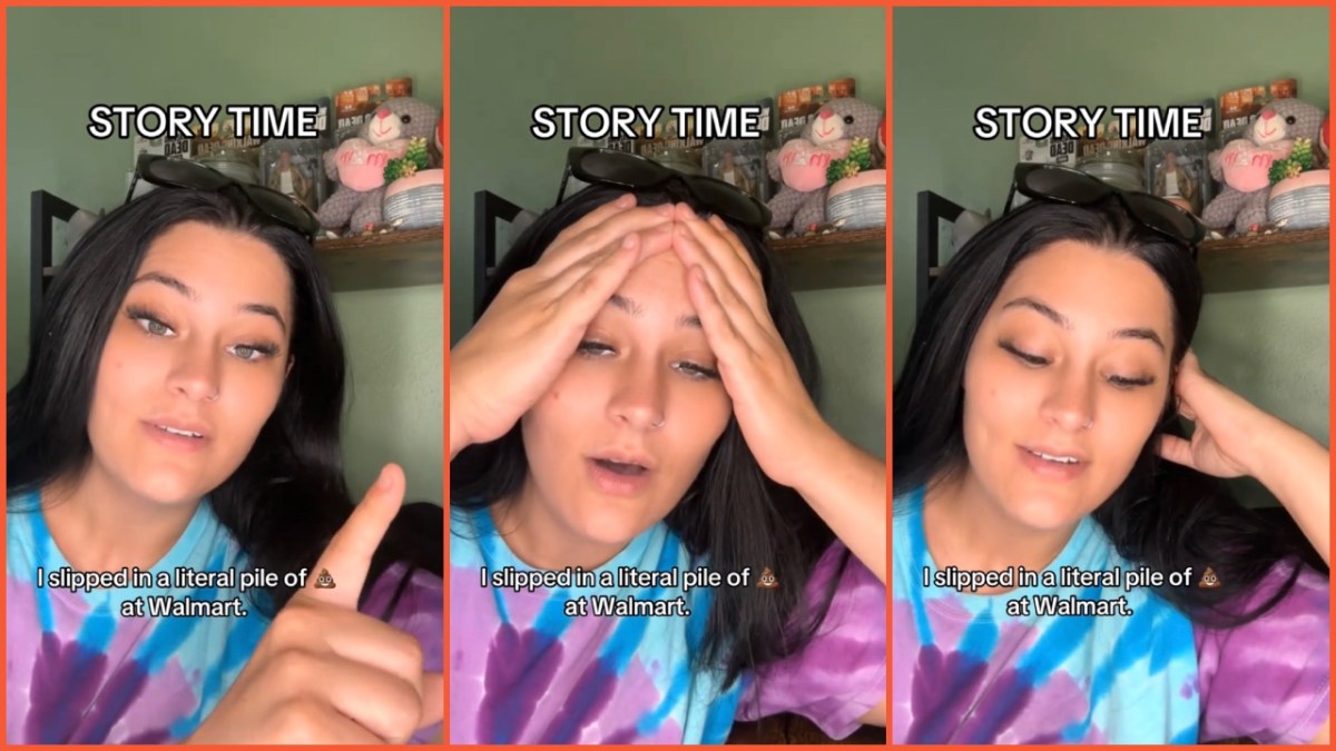 Split side images of a woman wearing a blue, pink, and purple tie and dye t-shirt and sunglasses on her head, telling a Storytime of slipping on a poop trail in Walmart.