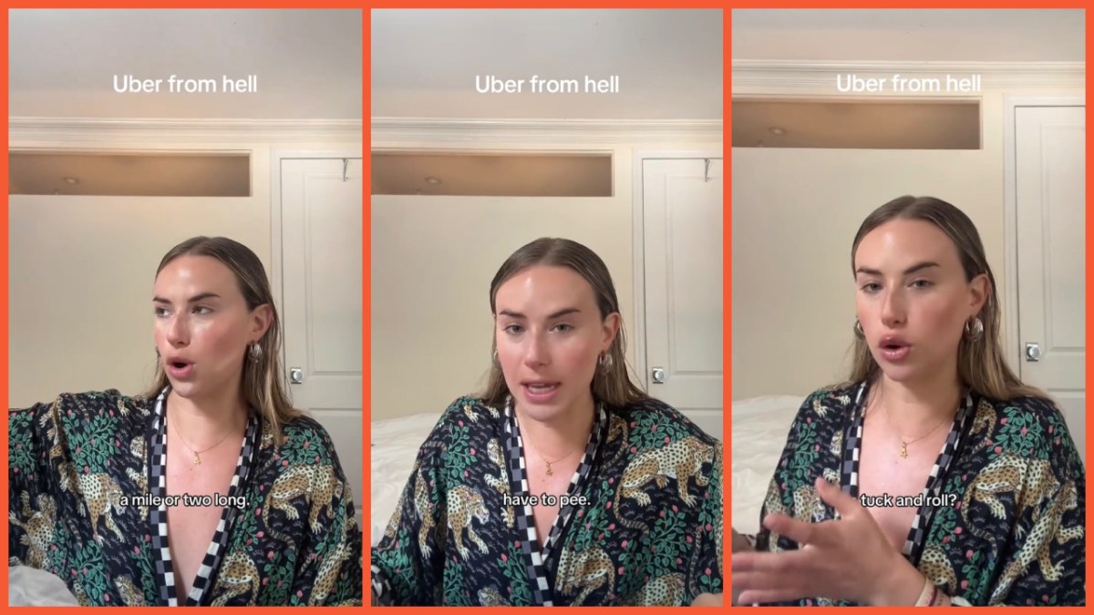 Split side images of a woman wearing a printed robe, doing her makeup while recounting her ‘Uber from hell’ story based in Miami traffic.