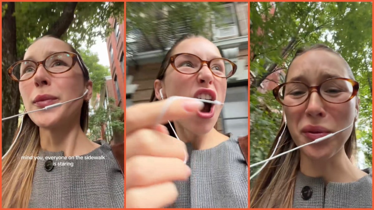 Split side images of a woman with glasses wearing a gray cardigan walking around NYC with wired earphones in and recounting the time she got accused of stalking by a random woman.