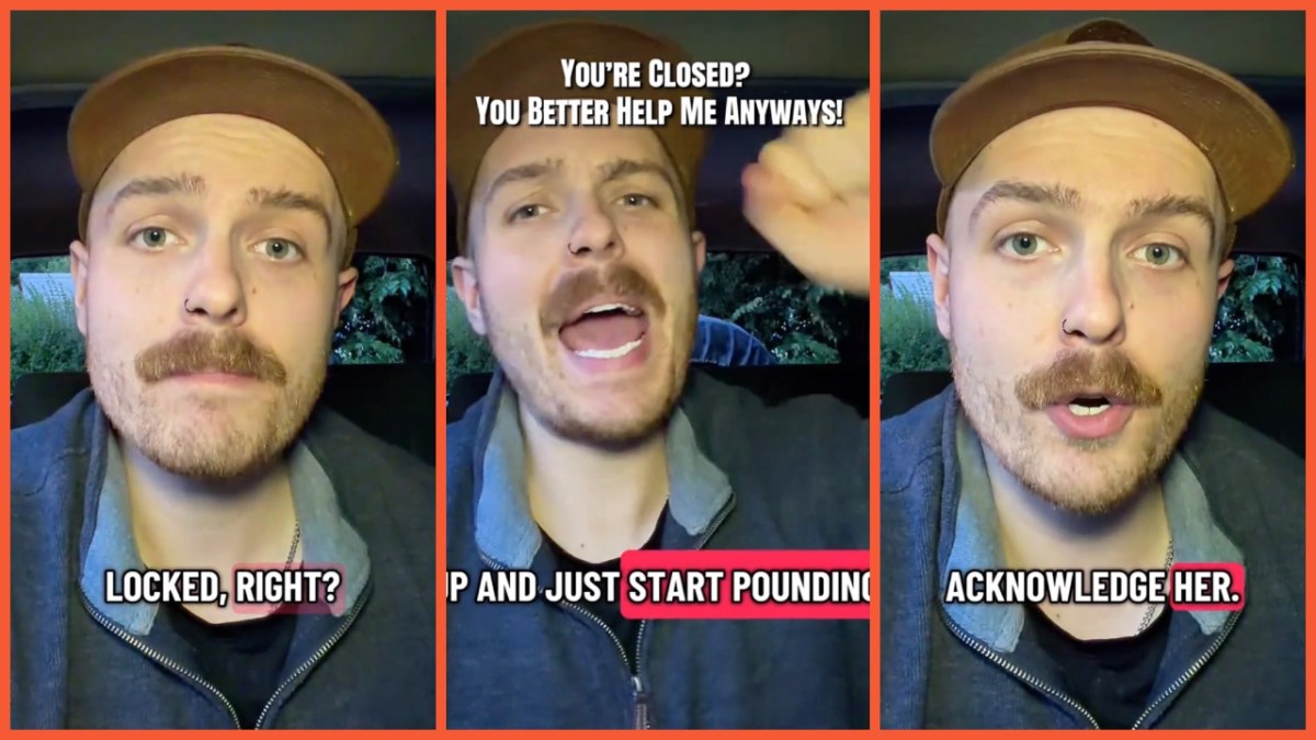 Split side images of male phone store worker wearing a gray jacket and brown hat, sitting in his car recounting his altercation with an entitled woman.