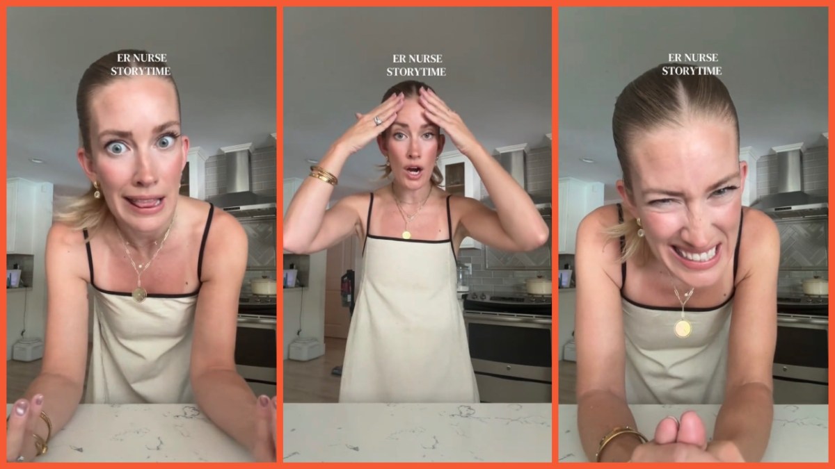Split side images of woman standing near a kitchen counter wearing an off-white satin dress while narrating an ‘ER nurse storytime’ of when a priest drowsed her in holy water.