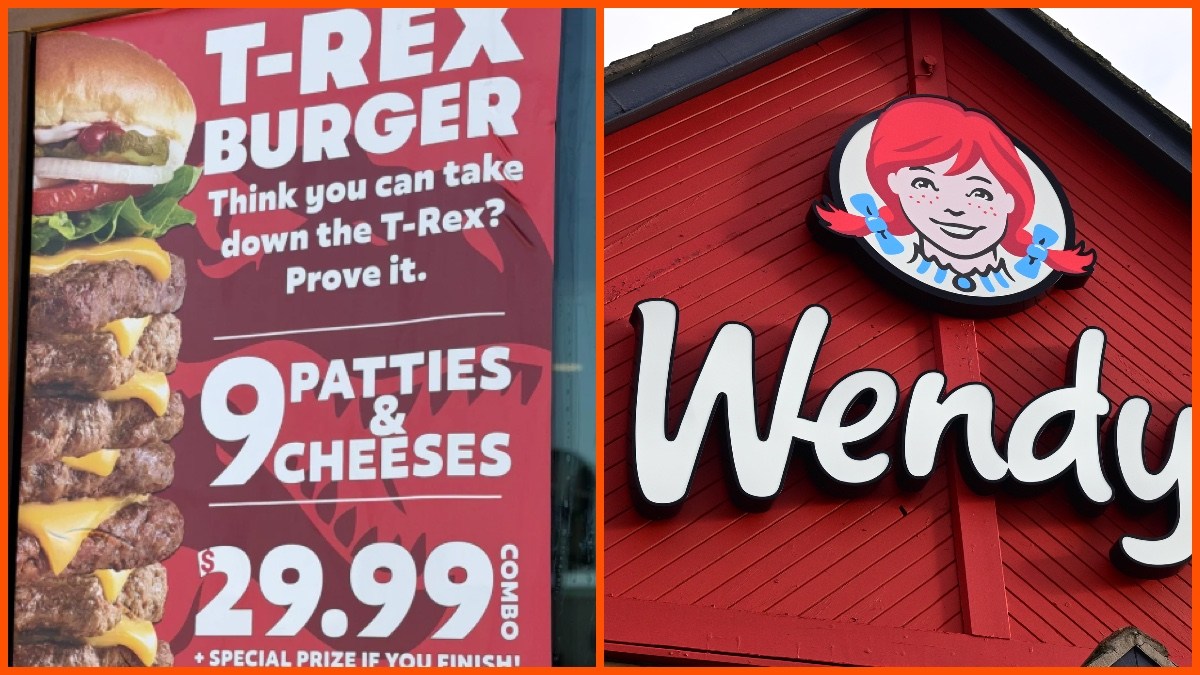 Wendy's, T-Rex Burger, Image by Hullian111, CC BY-SA 4.0. Via Wikimedia Commons, Agitated_Day_6222, TikTok
