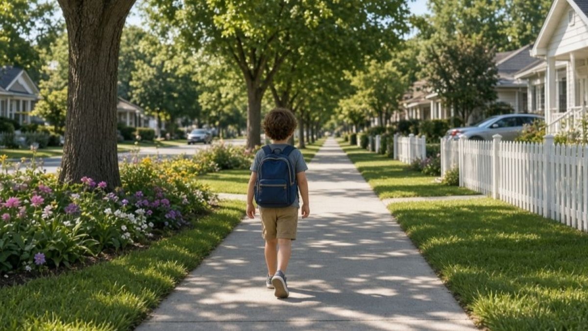 A young boy walking unsupervised