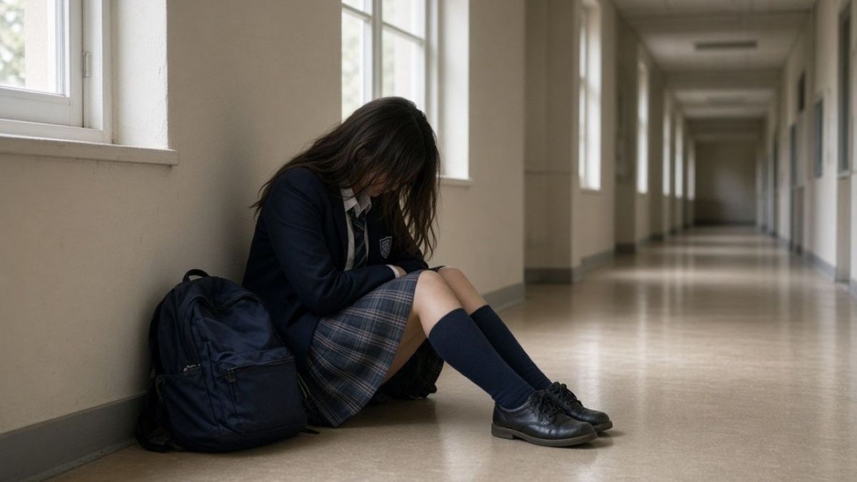 Girl in school uniform with backpack alone crying sitting on the floor in the school hallway
